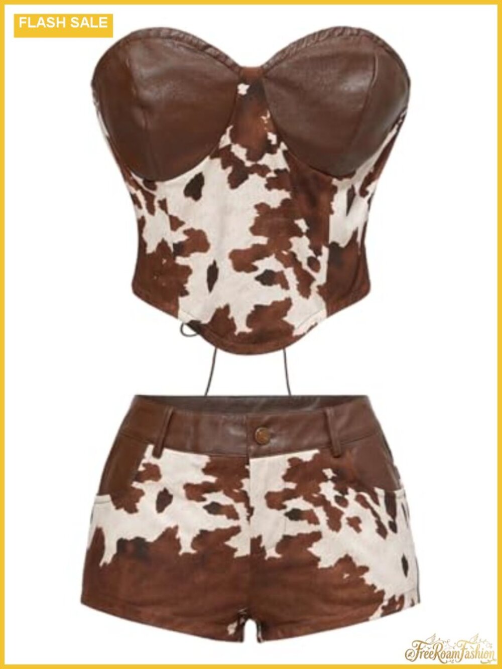 Cow Print 2 Piece Set Leather Lace Up Top with Shorts Sleeveless